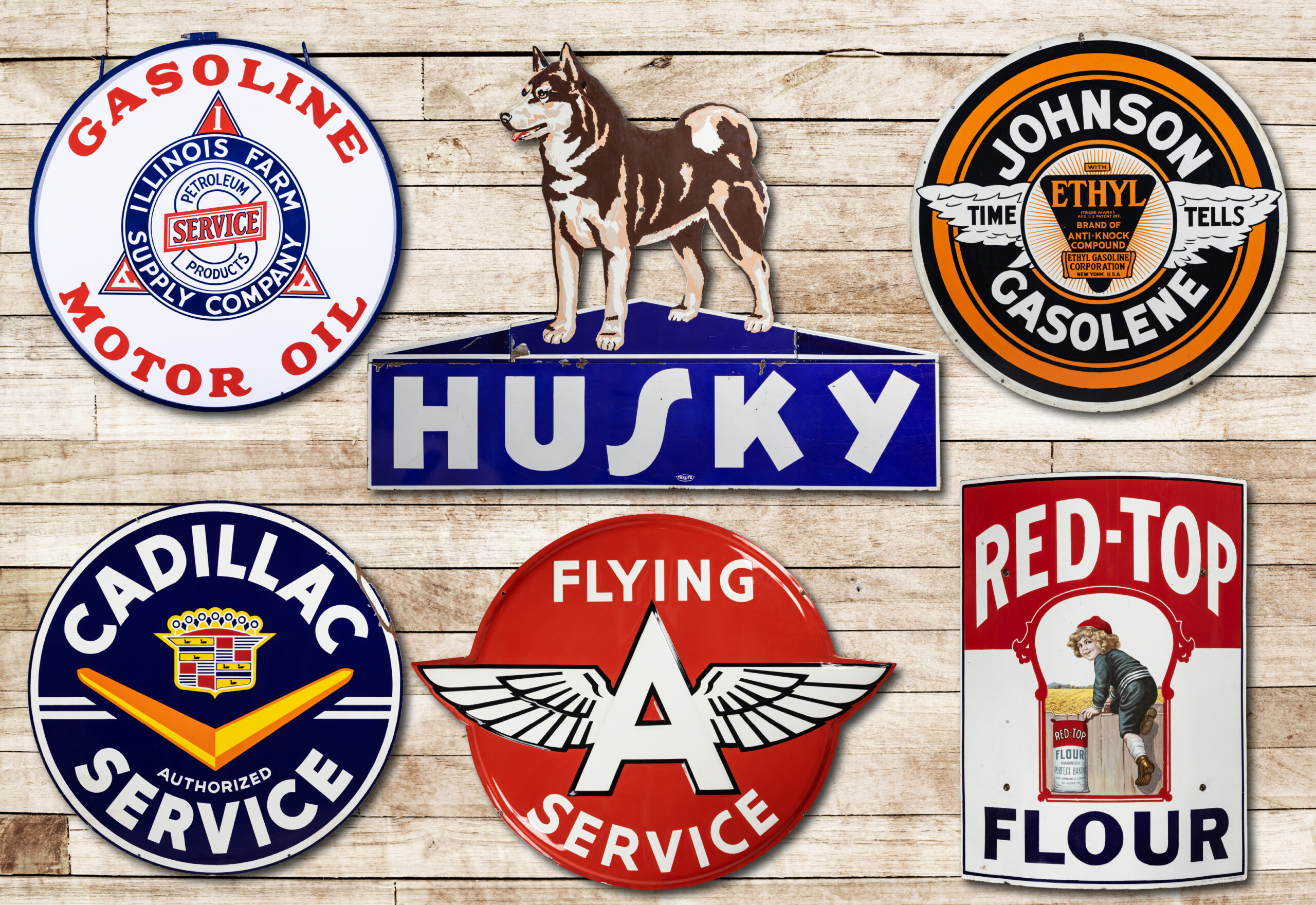 An image of a collection of vintage tin signs with various designs and colors, perfect for adding a touch of nostalgia to any space.
